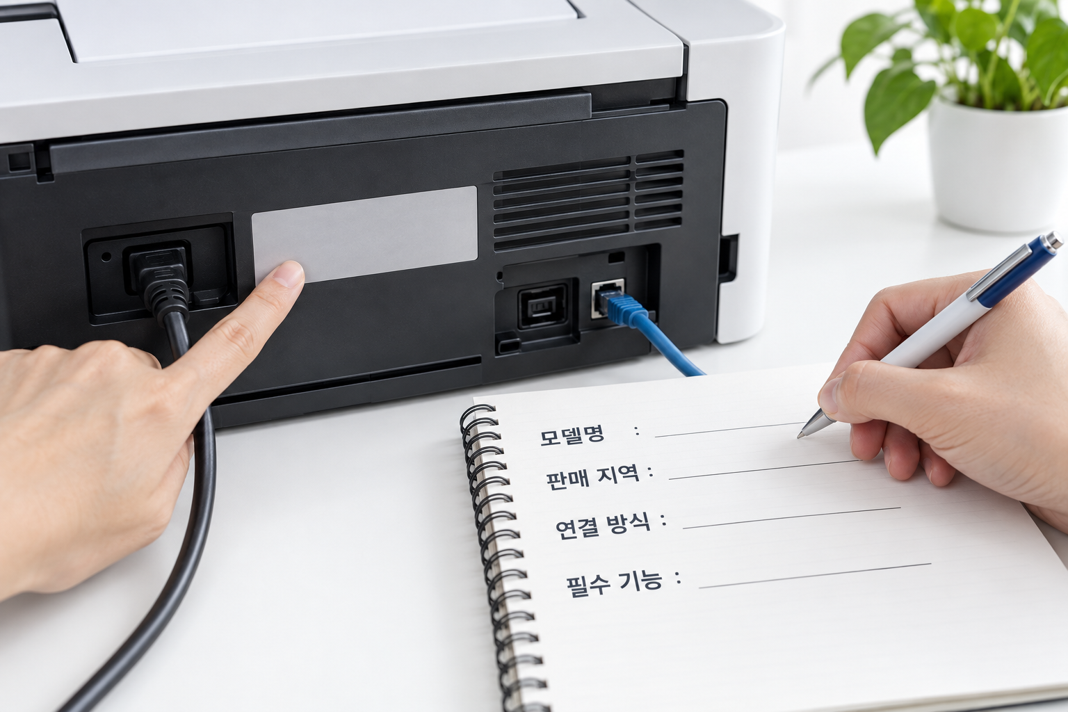 프린터의 정확한 모델명과 연결 케이블을 기록하는 준비 행동