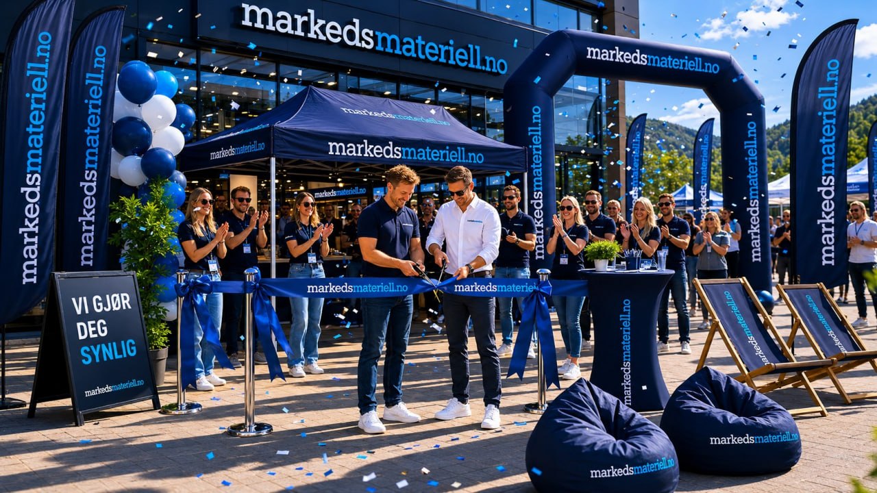 Grand opening arrangement med båndklipp - beachflagg, messetelt, konfetti og oppblåsbar bue fra markedsmateriell.no