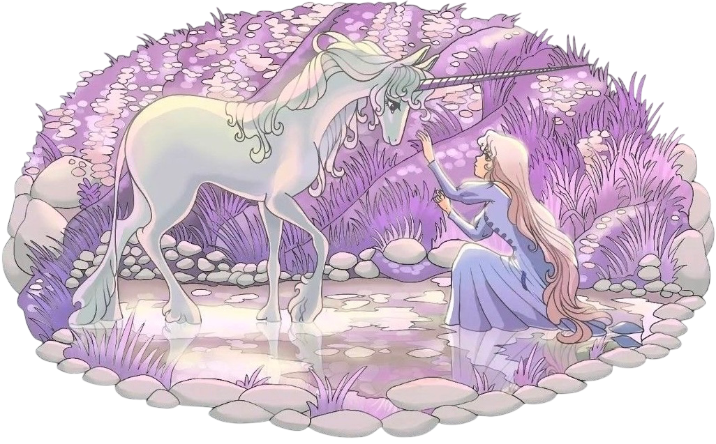 PAGE START: art of a girl sitting by a pond with a unicorn approaching her
