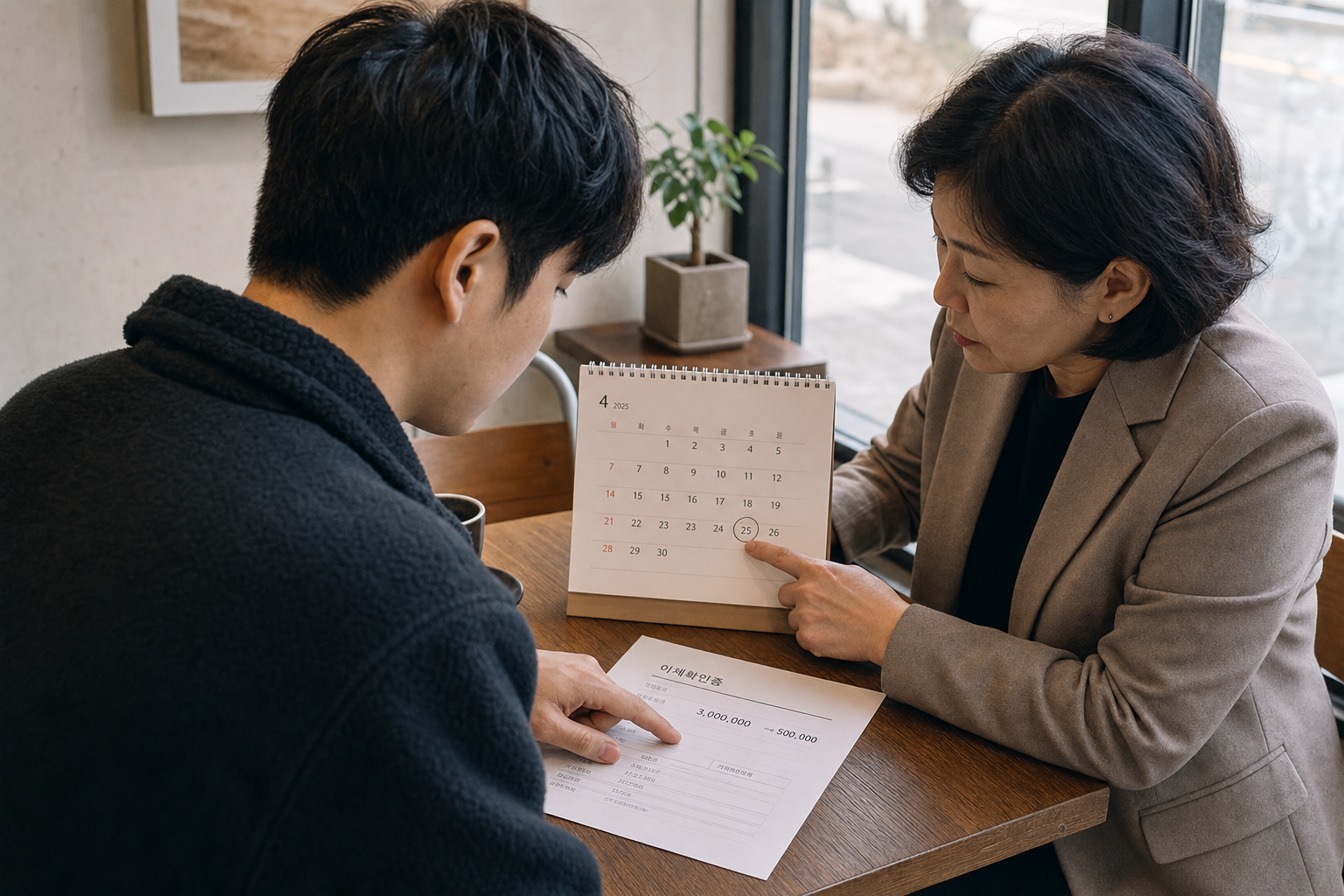 송금 영수증과 달력으로 반환지원 금액과 1년 기한을 확인하는 장면