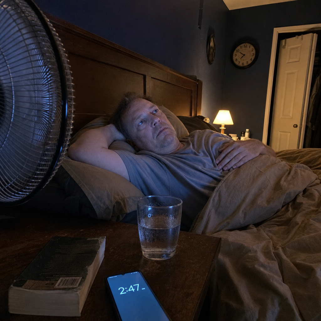 Man in his fifties awake in bed at 2:47 AM, a box fan running on the nightstand.