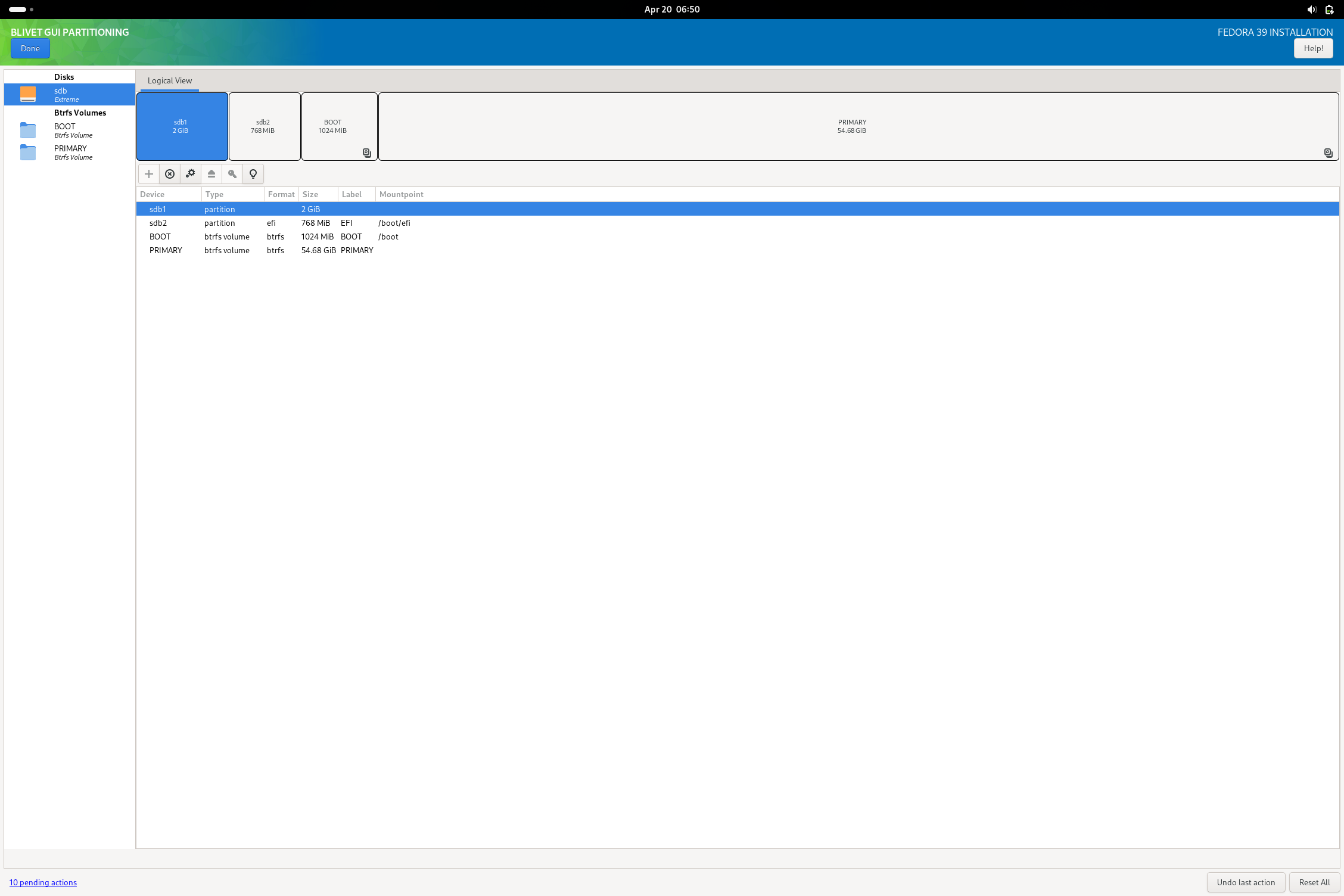 Blivet GUI Partitioning screen showcasing empty, EFI, boot, and root partitions