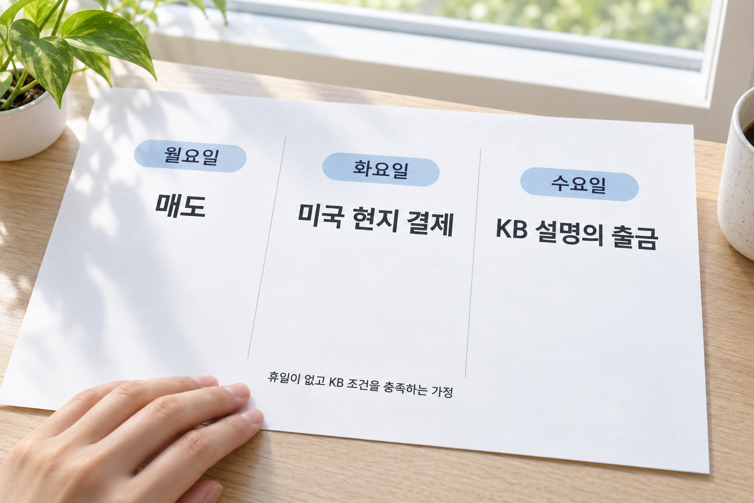 추가 휴일이 없는 KB 조건의 가정 예시에서 월요일 매도와 화요일 현지 결제, 수요일 출금을 구분한 메모