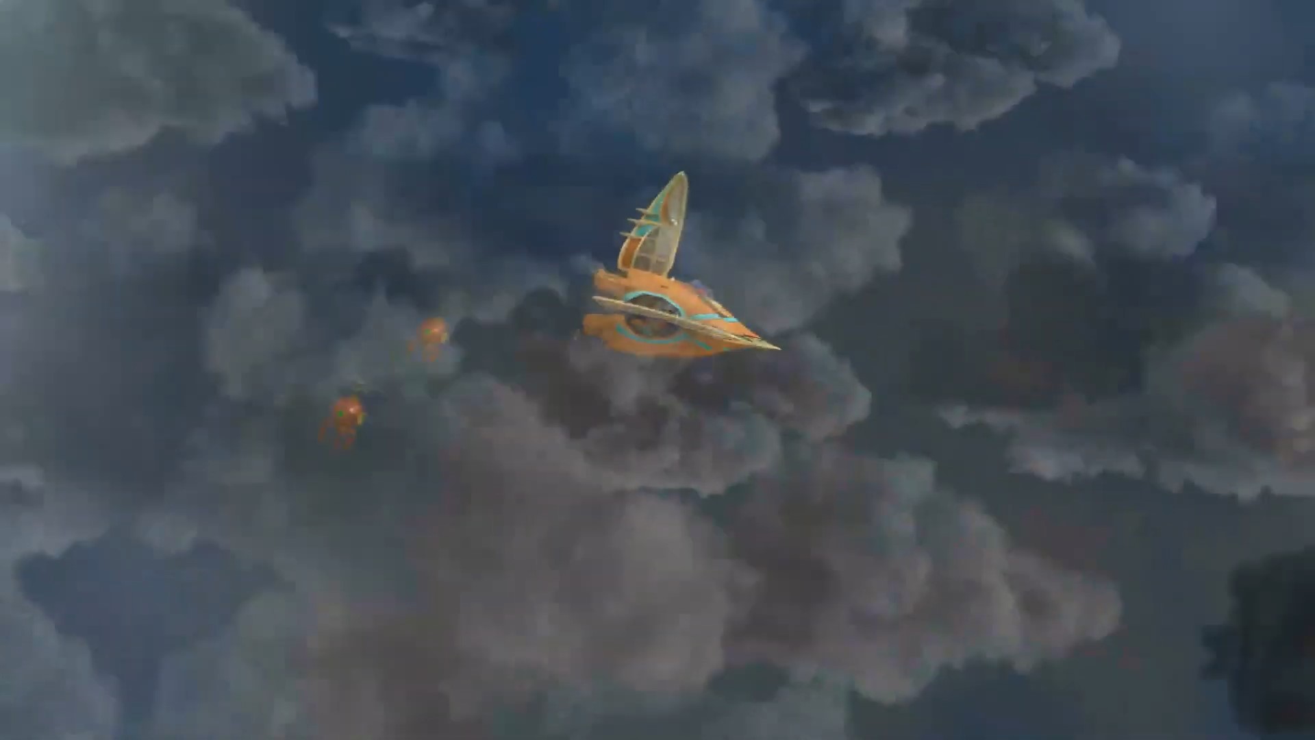 Gambar pesawat Fyra yang dikejar oleh robot pelindung pulau Enygma