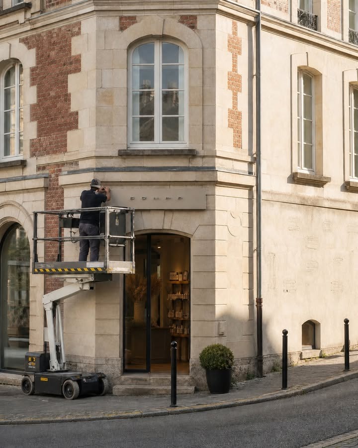 Un homme en plateau élévateur installe une enseigne sur la façade d'un bâtiment en pierre, devant une vitrine de bar.