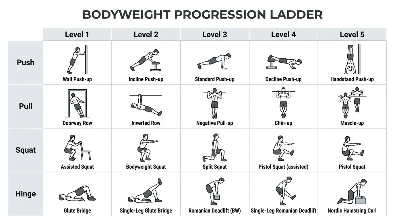 Bodyweight progressive overload progression ladder from wall push-up to archer push-up across five difficulty levels
