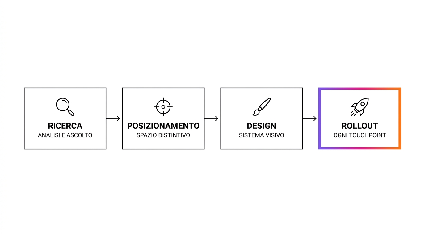 Diagramma delle quattro fasi del processo di brand identity: ricerca, posizionamento, design e rollout
