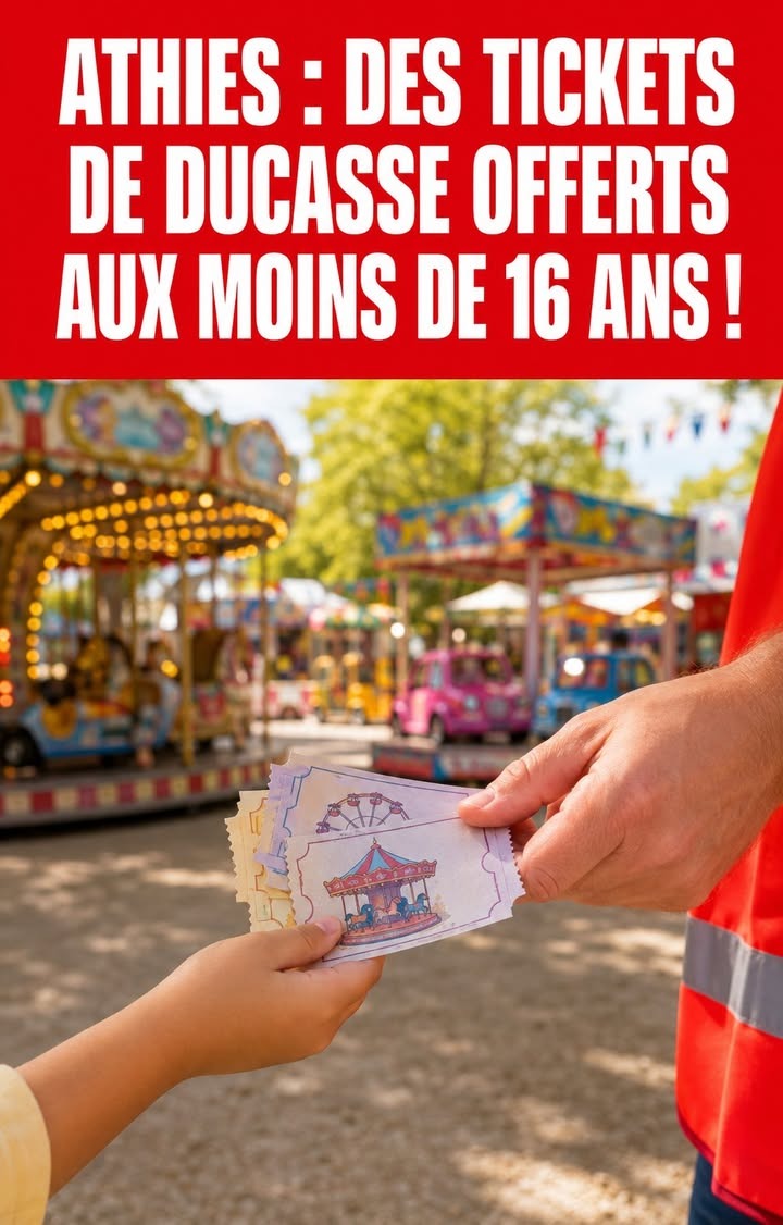 Une main adulte tend une pile de tickets à un enfant devant un manège illuminé et des attractions colorées d'un parc de fête.