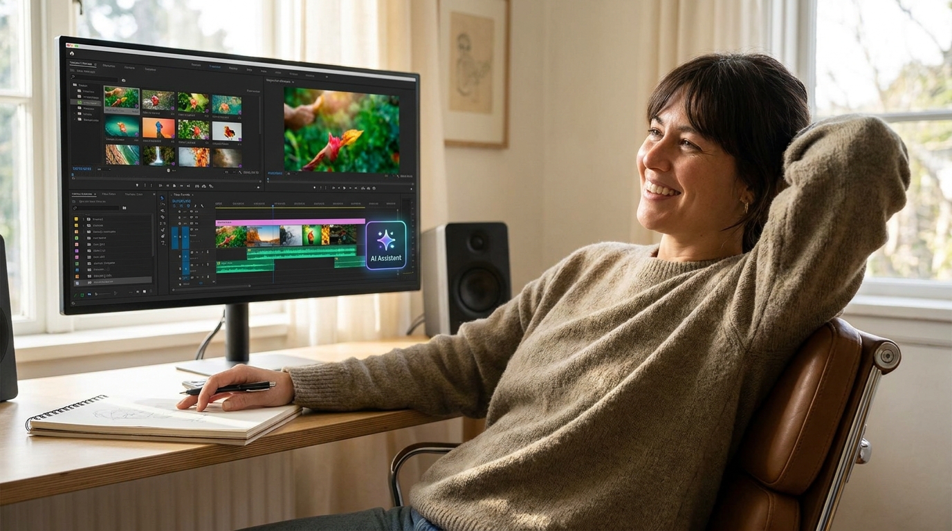 Creator happily using multimodal AI video editing software to easily color grade and add effects to their video.