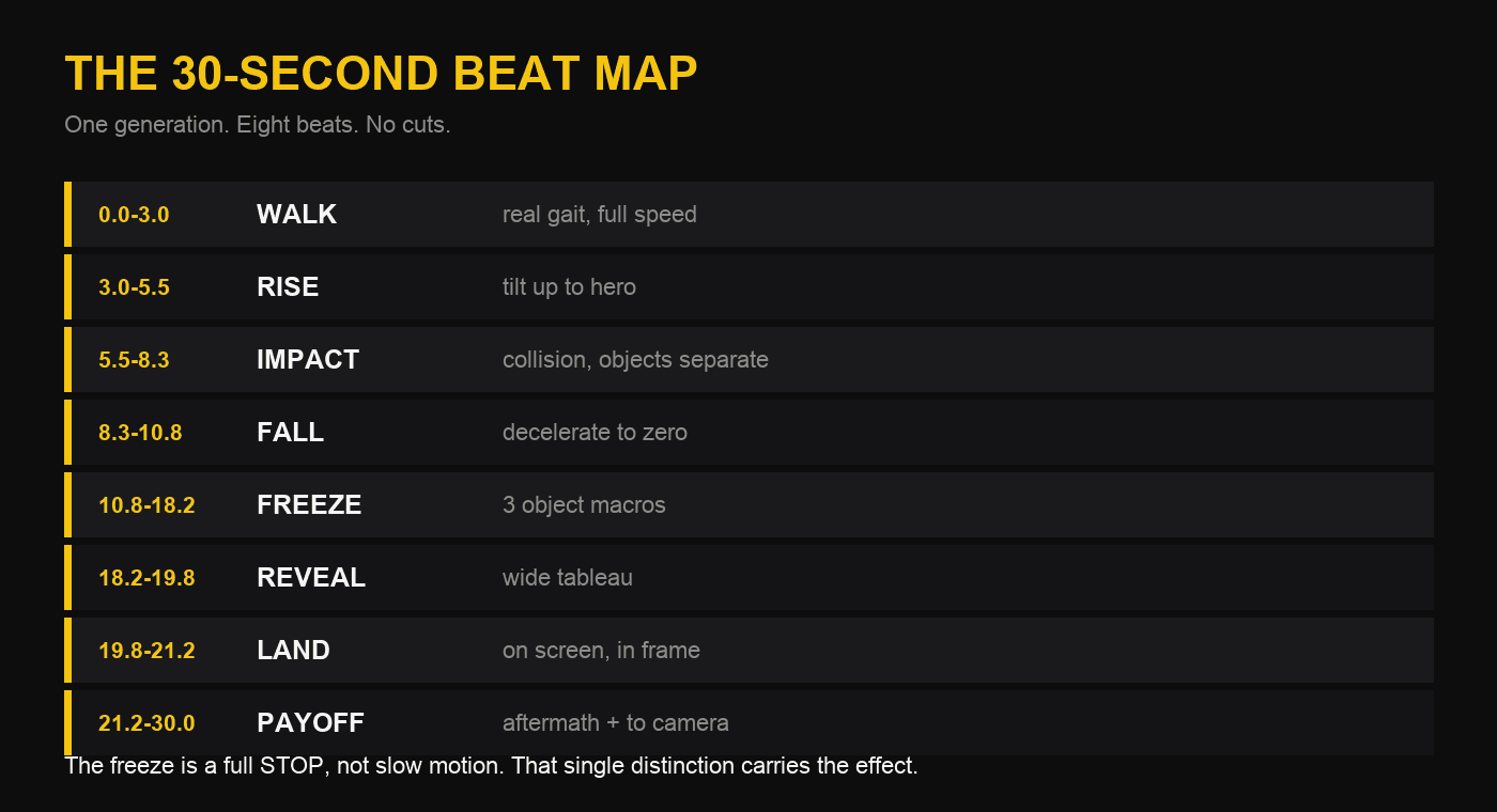 A timeline diagram of the thirty second beat map, listing walk, rise, impact, fall, freeze, reveal, land and payoff with their start and end times