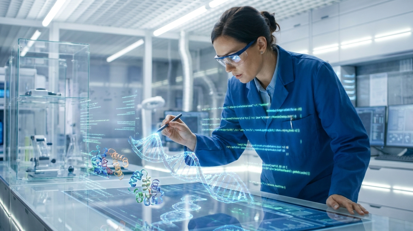 A scientist using AI coding assistants to interact with holographic genomic data, showcasing how AI tools accelerate scientific research workflows.