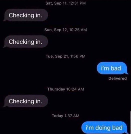 A screenshot of a series of text messages, sent across the span of three weeks, none of which receive any reply except days later. On Saturday: 