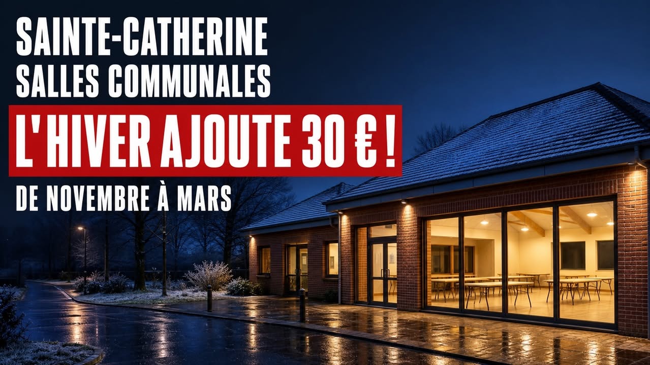 Bâtiment en brique avec grandes baies vitrées illuminées, toit couvert de neige, allée humide reflétant la lumière, arbres dénudés et ciel bleu nuit.