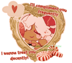 A graphic of Ginger holding Bobette's hand, the frame is a golden heart frame with a Thought Bubble with a heart on it and a pile of peppermints on it. It also has lyrics from Hot Freaks' "I wanna be your boyfriend" (but wlw), "I'll compliment you frequently, I want to treat you decently!" | ac kerzunu