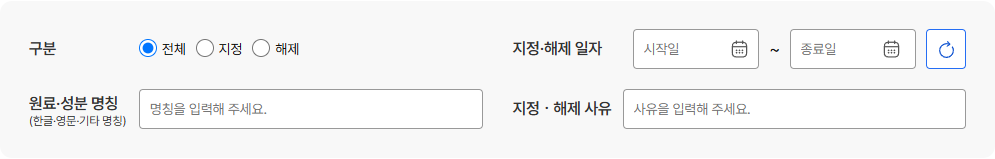 식품안전나라 반입차단 원료·성분 검색의 명칭 구분 및 지정·해제일 항목
