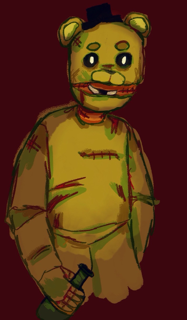 jacktrap from dayshift at freddys holding a bottle and grinning