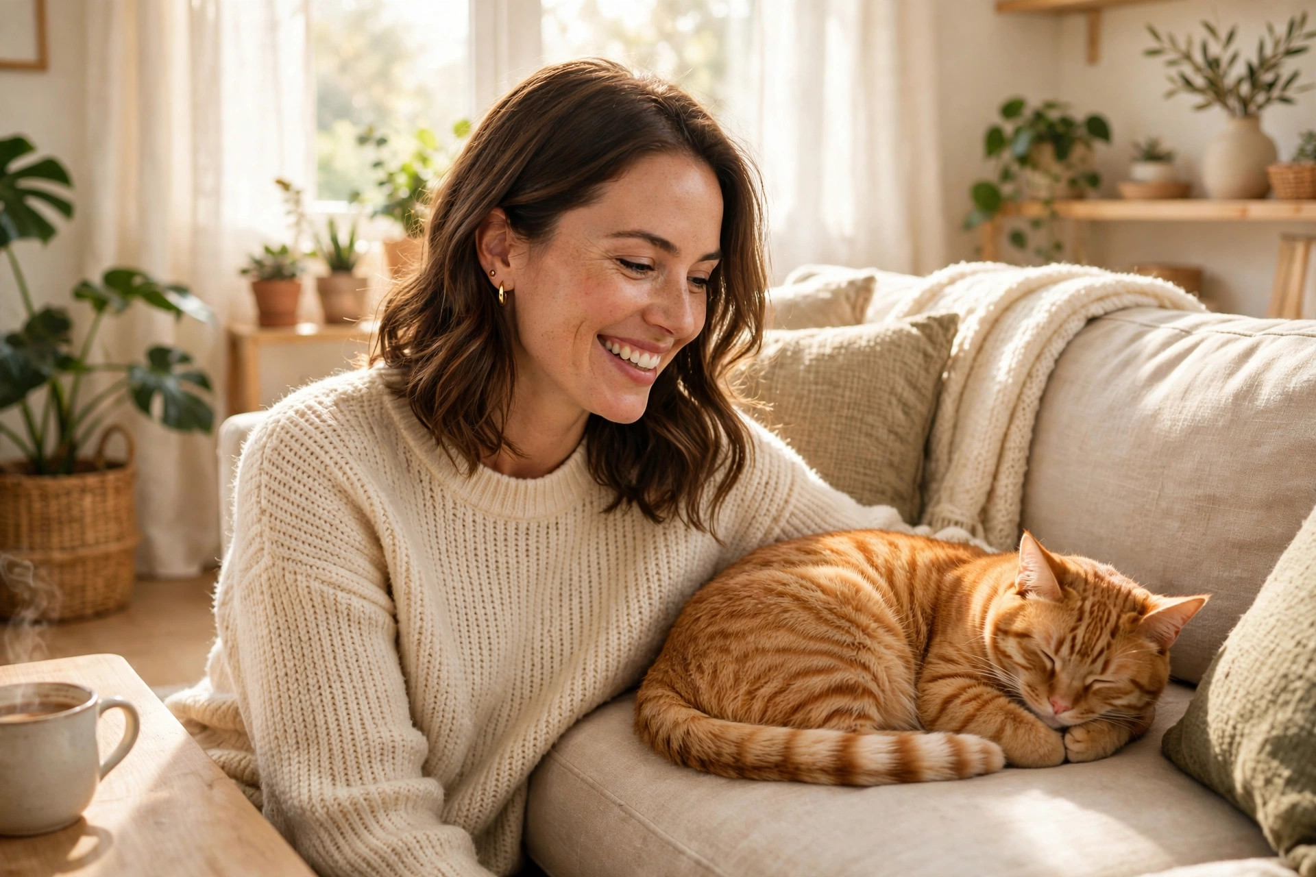 Cat Spray Stop review: happy woman relaxing at home with her calm cat