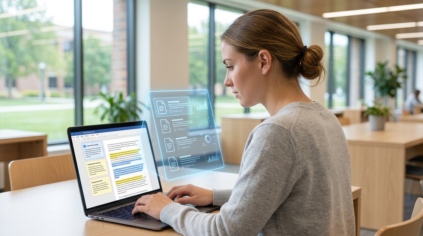 Student using AI tools for research, showing summaries and citations on screen
