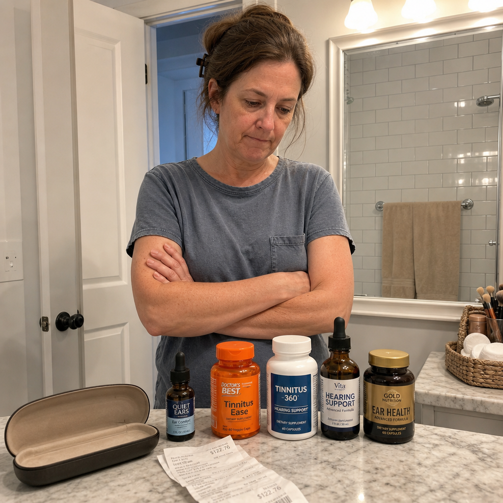 Woman standing at a bathroom counter looking at a row of failed supplement bottles.