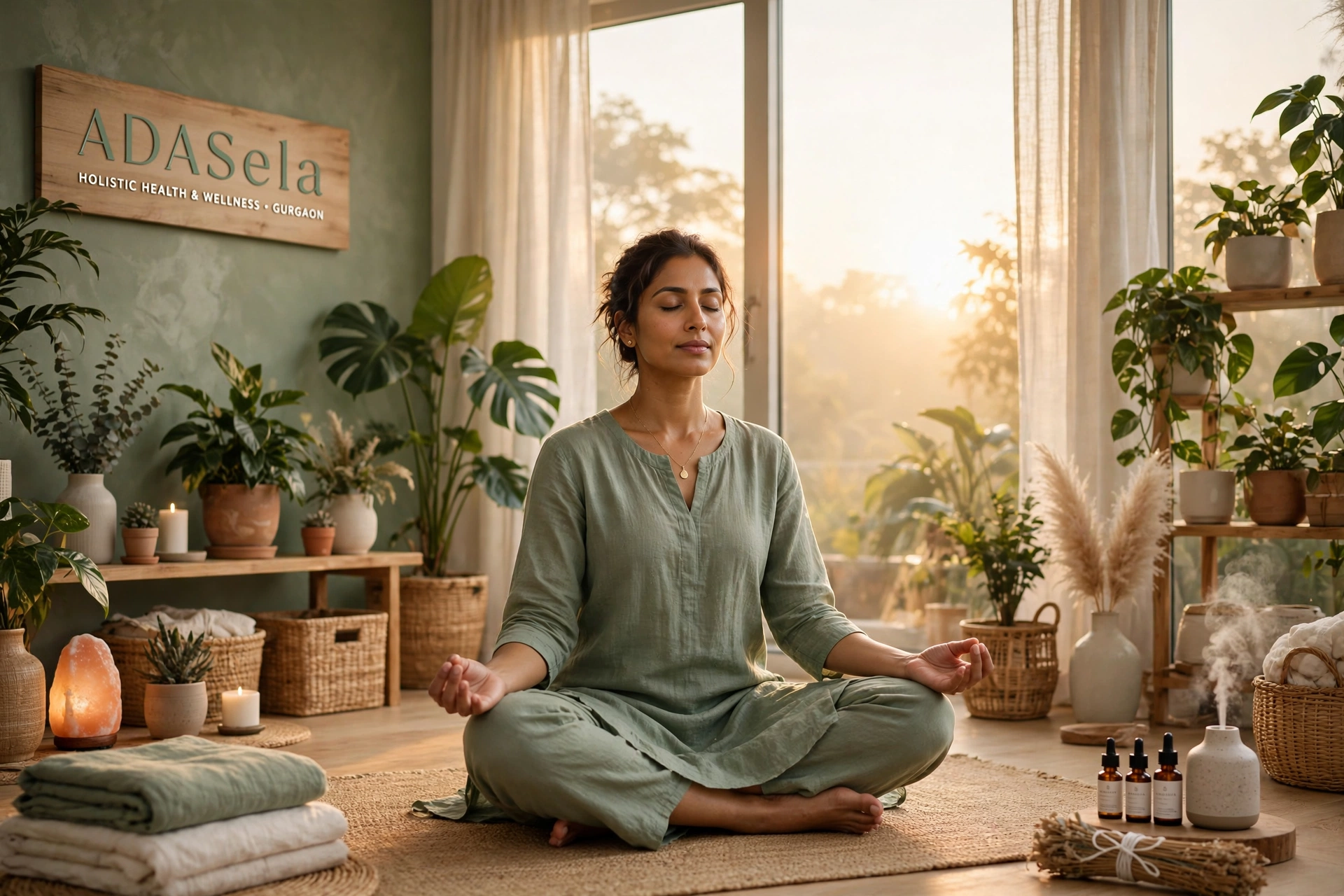 Holistic health coaching in Gurgaon — calm morning meditation and mindfulness session surrounded by plants at ADASela Wellness