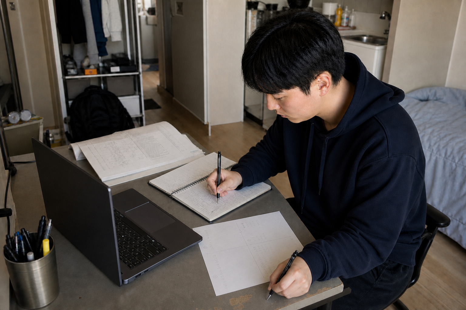 첫 오답노트를 완성하고 달력에 재시험 날짜를 표시하는 장면