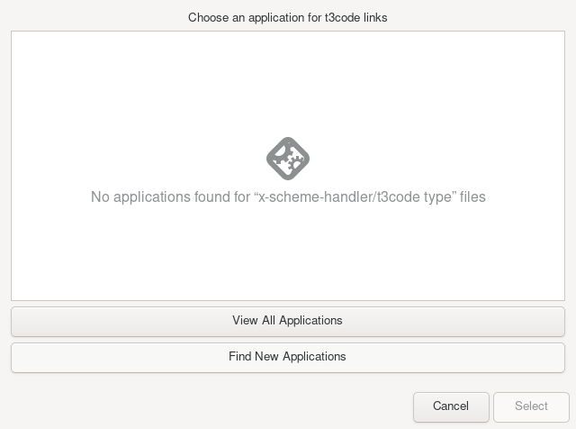 Native Linux application chooser before the fix: no applications found for x-scheme-handler/t3code and Select disabled