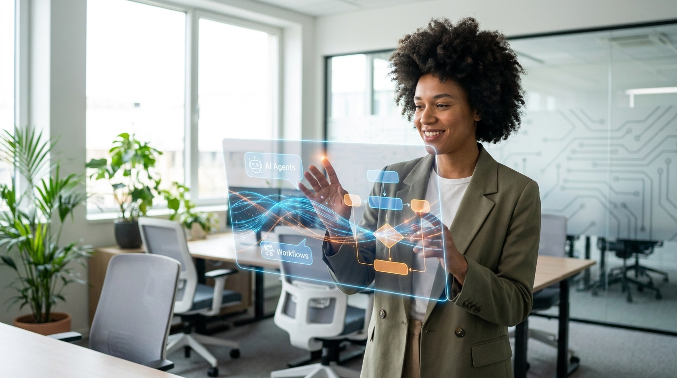 A business analyst confidently interacting with a holographic display, demonstrating the user-friendly nature of Alteryx Agent Studio for creating AI agents.