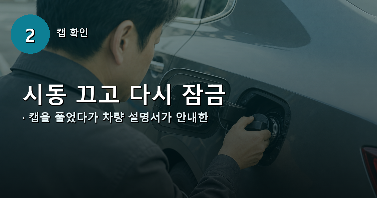 시동을 끈 뒤 연료캡 체결과 손상을 확인하고 다시 잠그는 순서