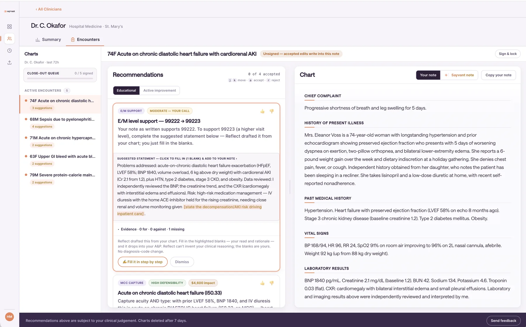 Sayvant note view — the chart reflecting clinical reasoning