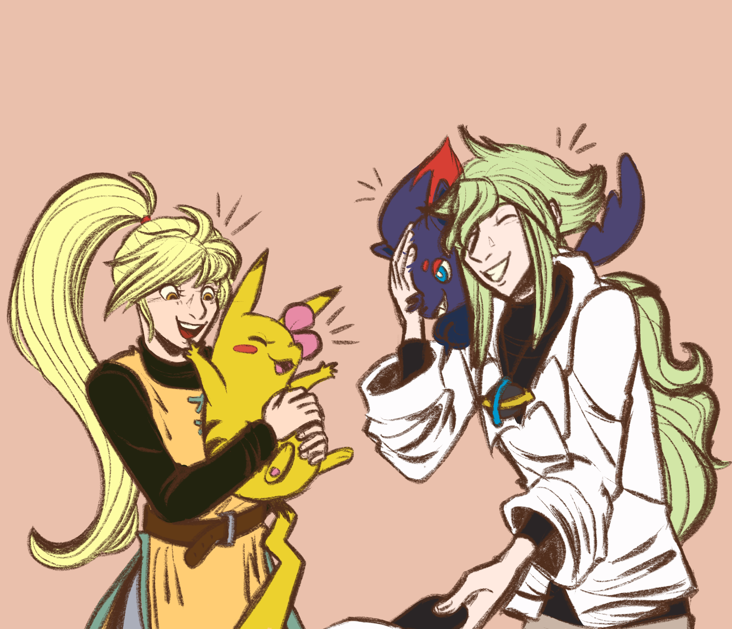 Yellow and N laughing with their pokémon.