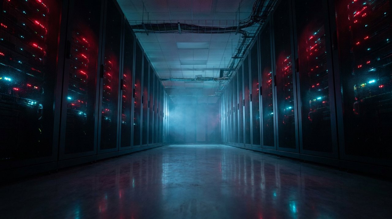 Symmetric data center server rack corridor with red and cyan LED accent lighting