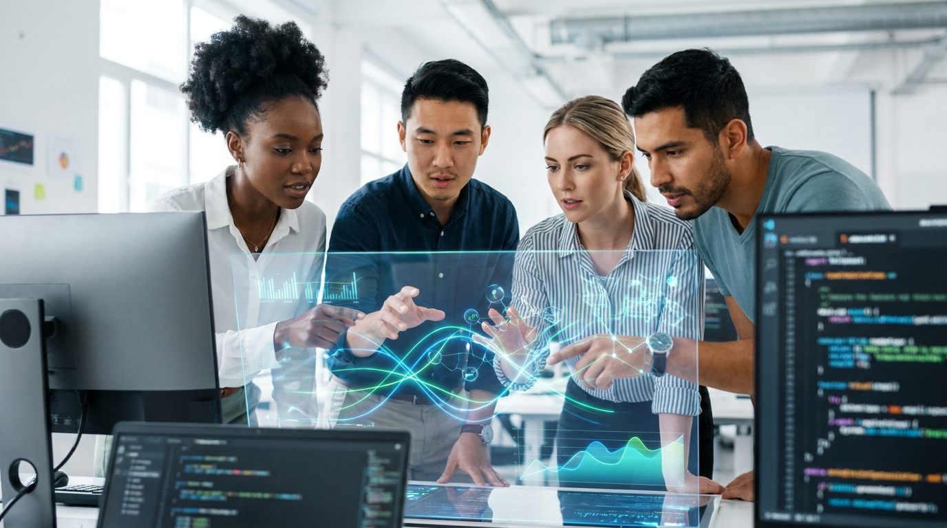 Diverse developers collaborating on an open-weight AI project, highlighting community and shared innovation.