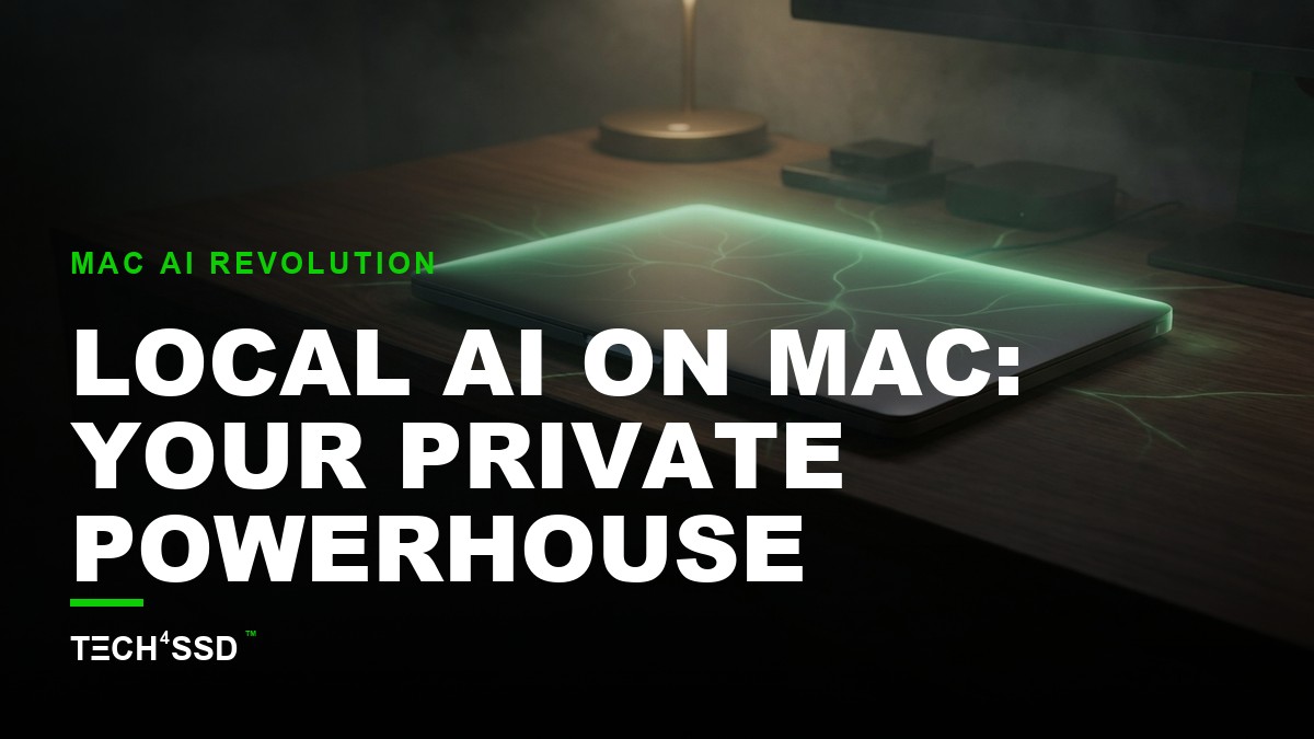 Sleek Mac laptop displaying a futuristic AI chat interface, emphasizing local AI workflows on Mac.