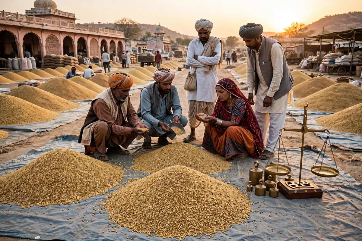 मंडी में सरसों के ढेर और तराजू पर भाव तय करते किसान-व्यापारी