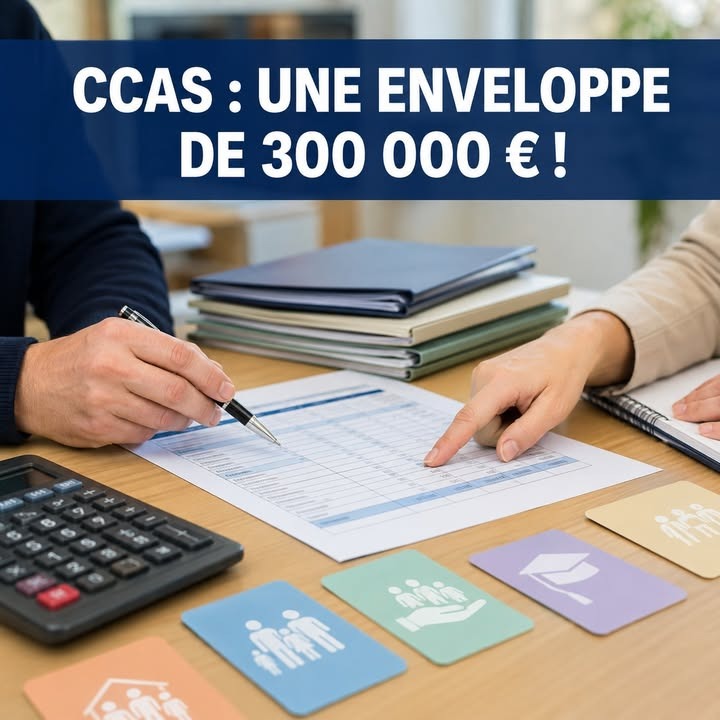 Deux mains examinent un tableau financier sur une table avec une calculatrice et des cartes à icônes.