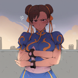 chun-li, upper body, looking at viewer, crossed_arms, annoyed, city, sky NEG: 3d, monochrome, greyscale