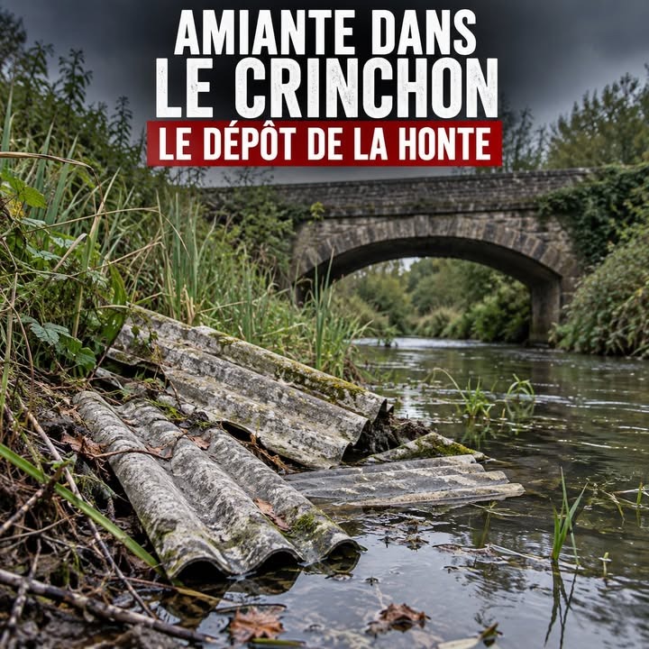 Tuiles anciennes en amiante posées sur la berge d'une rivière, avec un pont en pierre en arrière-plan.