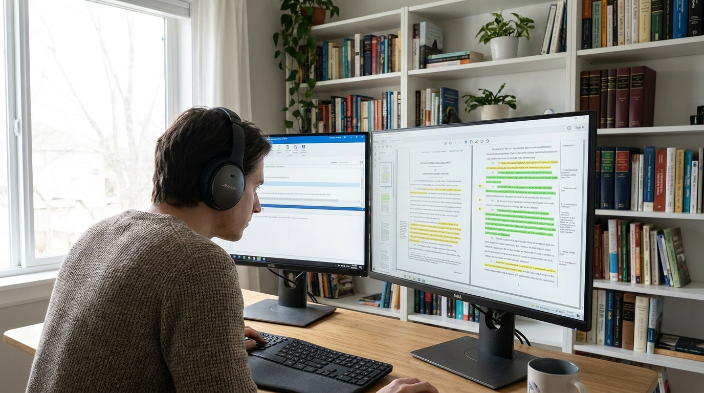 A dedicated human transcriber ensuring precision and quality in a complex legal transcription task.