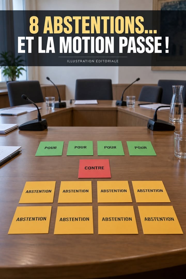 Une table de réunion avec des microphones et des cartes colorées indiquant pour, contre et abstention.