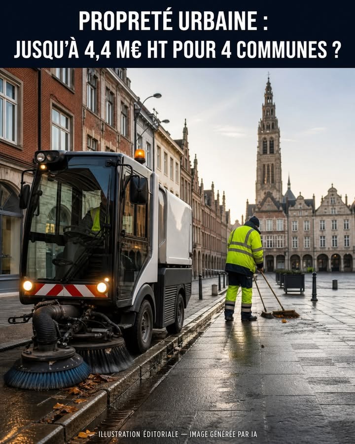 Un balayeur automatique et un agent en gilet jaune nettoient une place pavée devant des bâtiments historiques et une tour.