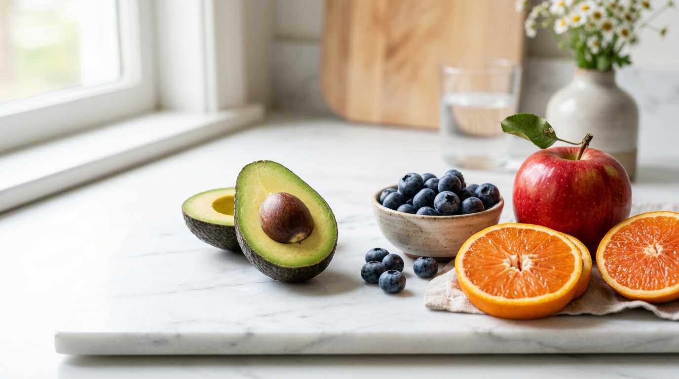 Fruits That Help Reduce Cholesterol Naturally Heart-healthy fruits flat lay with avocado halves, blueberries, sliced oranges and red apple on white marble