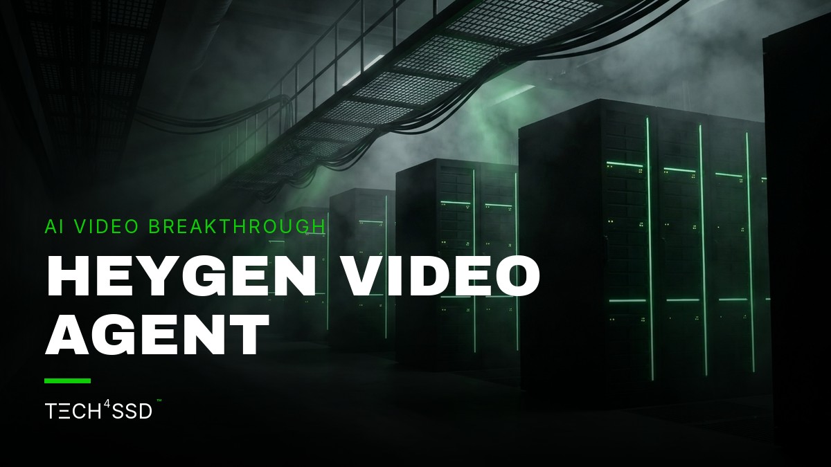Futuristic interface showing HeyGen Video Agent creating a complex AI video timeline with a digital twin and motion graphics