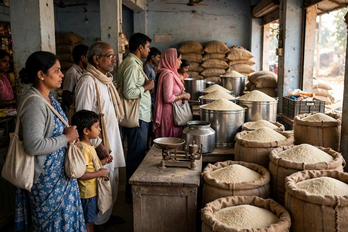 तमिलनाडु में सहकारी राशन दुकान पर चावल खरीदती भीड़