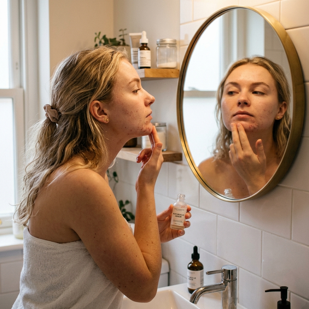 Nighttime skin cycling routine — applying targeted actives to the chin zone