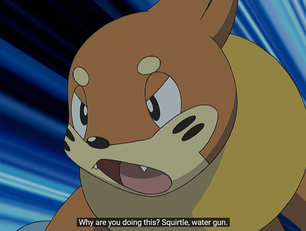 Buizel is ready to use Water Gun because Ash commanded him to. The official English sub-titles instead say, "Squirtle, water gun."