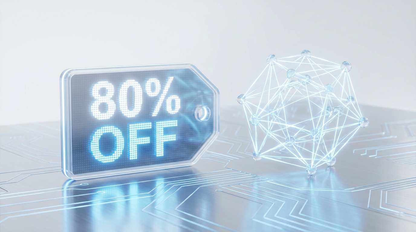 Digital price tag showing 80% off for GPT-5.6 Luna, symbolizing significant cost reduction in AI models.