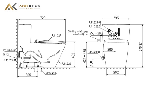 bản vẽ bồn cầu 1 khối Viglacera Platinum P.11.350