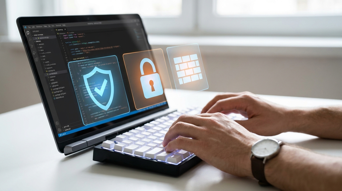 Developer using best practices for securing AI-generated code with multiple security layers and pre-commit hooks.