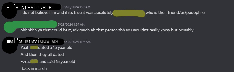 basically same thing explained above, except in more detail. for context, mel went by ezra in early 2024 when we first met, so her ex calls her ezra a lot in our dms.