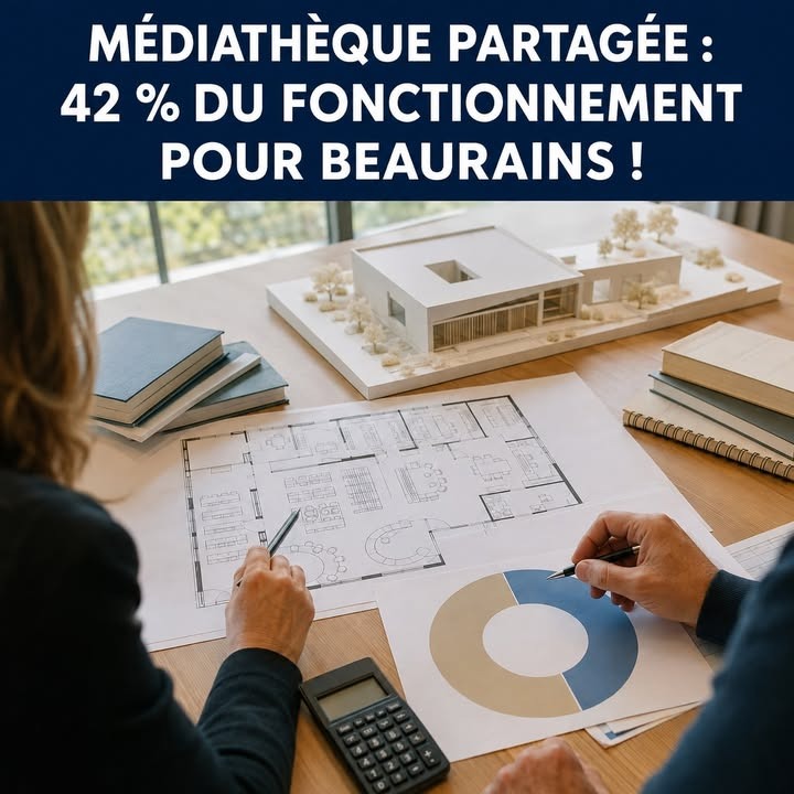 Deux personnes annotent des plans architecturaux et un diagramme circulaire sur une table, entourées de maquettes et de calculatrice.